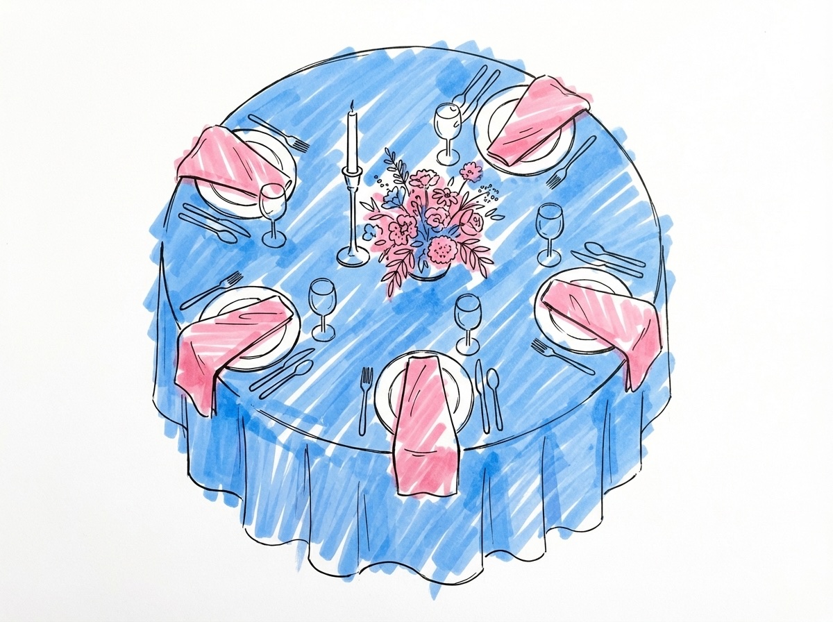 En dukad matsalsbordsscen sedd uppifrån med duk, servetter, en liten blomsterarrangemang och en ljusstake, grupperad i tre proportioner, i Lovios rosa och blå illustrationsstil