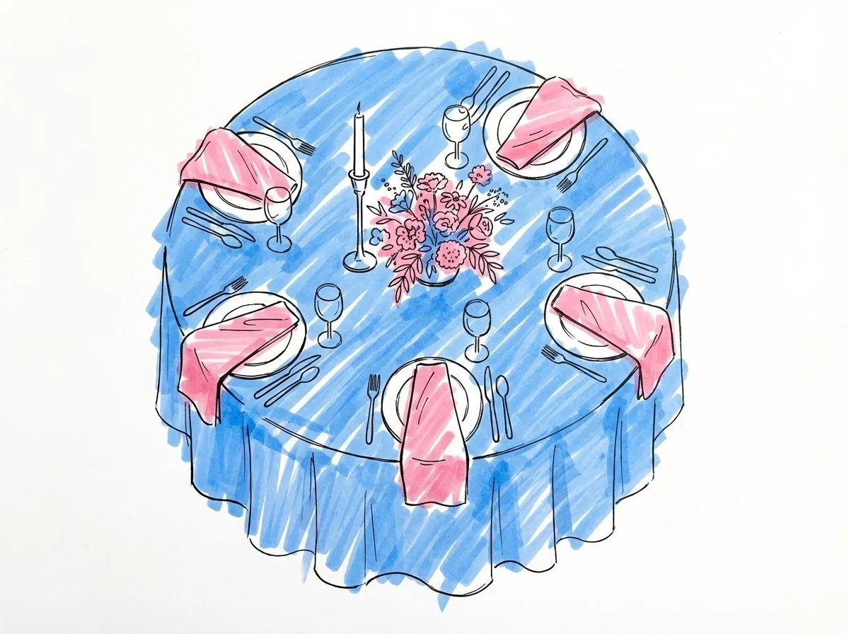 En dukad matsalsbordsscen sedd uppifrån med duk, servetter, en liten blomsterarrangemang och en ljusstake, grupperad i tre proportioner, i Lovios rosa och blå illustrationsstil