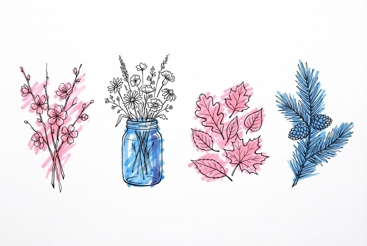Fyra små vinjetter sida vid sida med vårkvistar, sommarblommor, höstlöv och en vintergranskvist uppställda horisontellt, i Lovios rosa och blå illustrationsstil