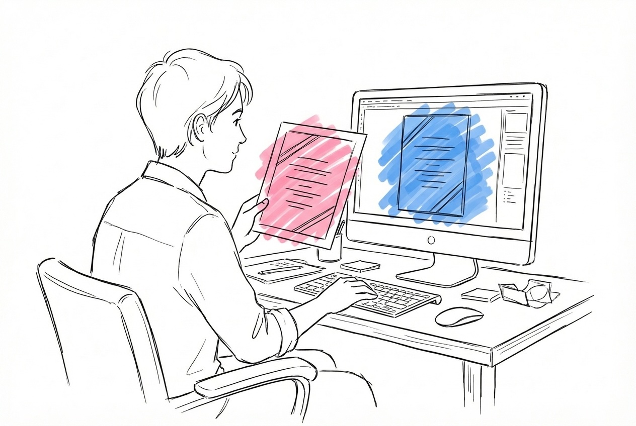 En designer som jämför en utskriven inbjudan i ena handen mot en datorskärm som visar samma design, i Lovios rosa och blå illustrationsstil