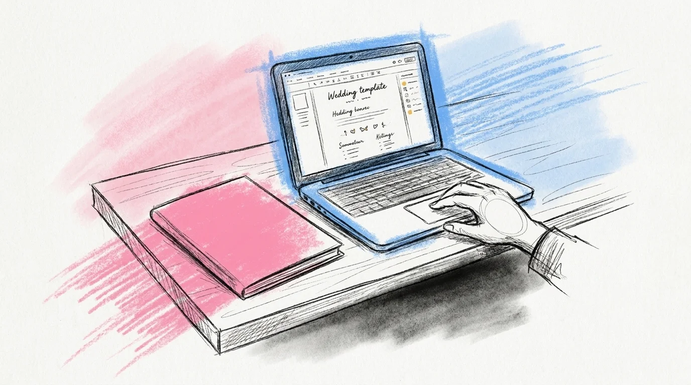Laptop med festhäfte-mall öppen på skärmen bredvid ett tryckt A5-provexemplar