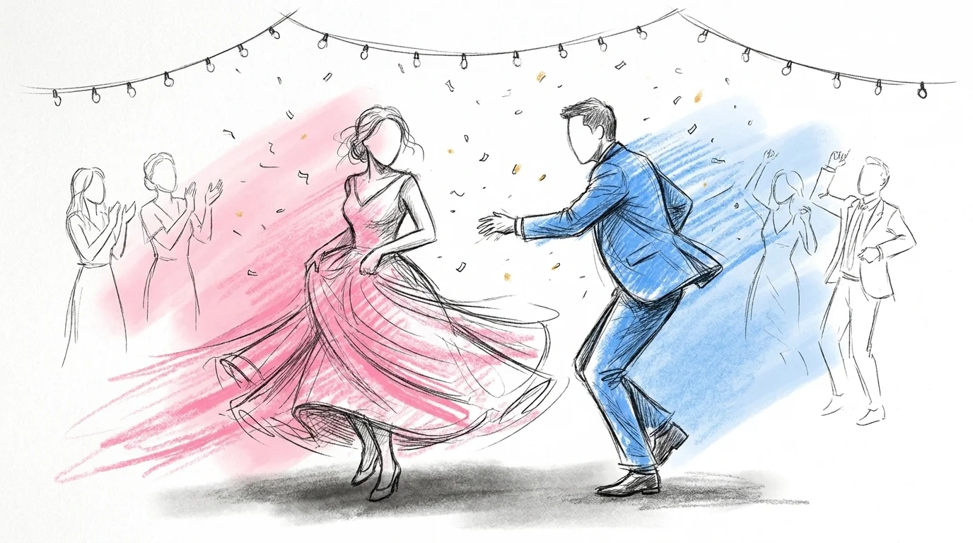Fullt dansgolv på ett festligt bröllop med dansband, confetti och jublande gäster