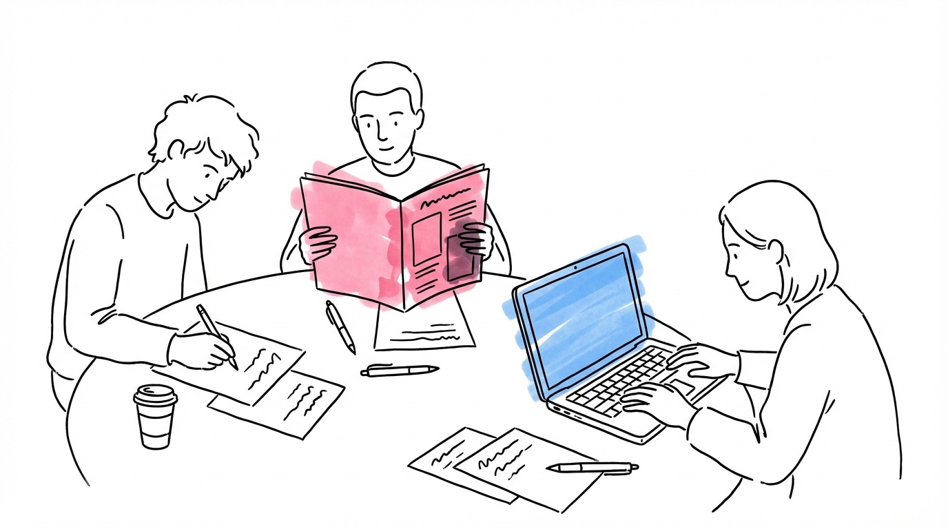 Tre personer som samarbetar runt ett bord med laptops och pappersmodeller av festprogrammet