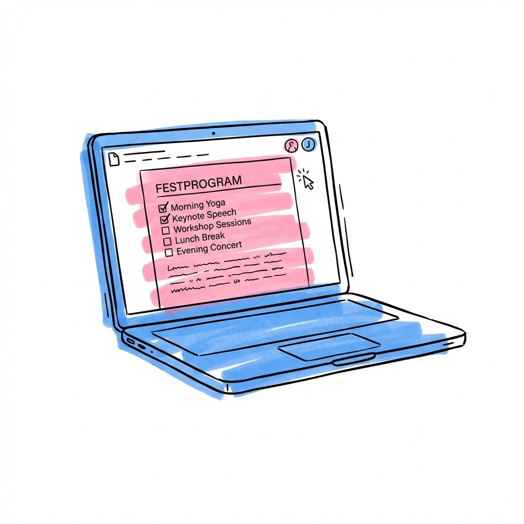 Laptop med ett dokument i Lovio Docs som visar ett festprogram under redigering med rubriker, checklistor och en medredigerares markör