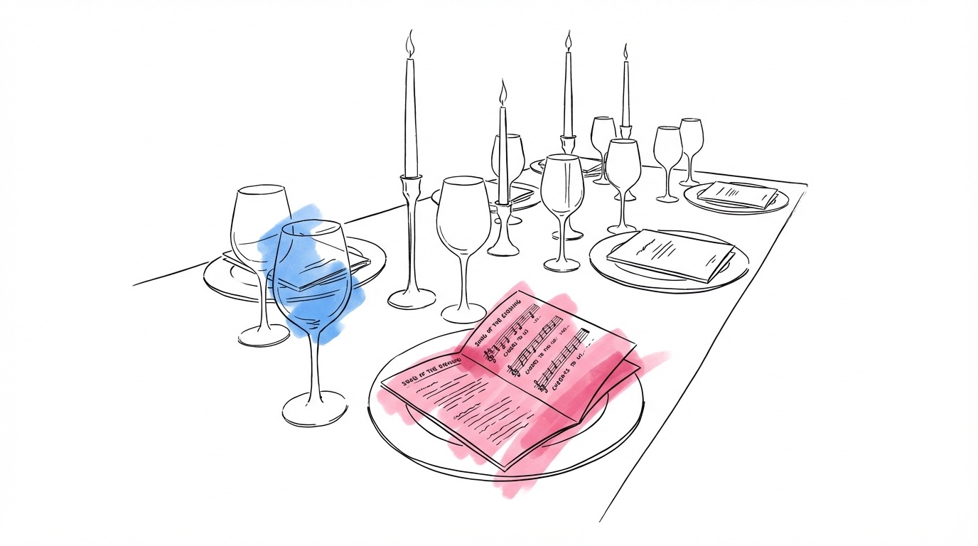 Festdukat bord med vinglas och ljus, på varje tallrik ligger ett snyggt vikt A5-häfte — ett festprogram bröllop