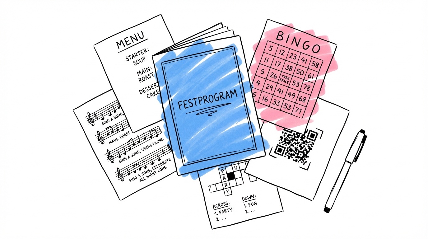 Öppet festprogram sett ovifrån som flat lay, med sidor som visar meny, sångtexter, bingobricka, QR-kod och korsord