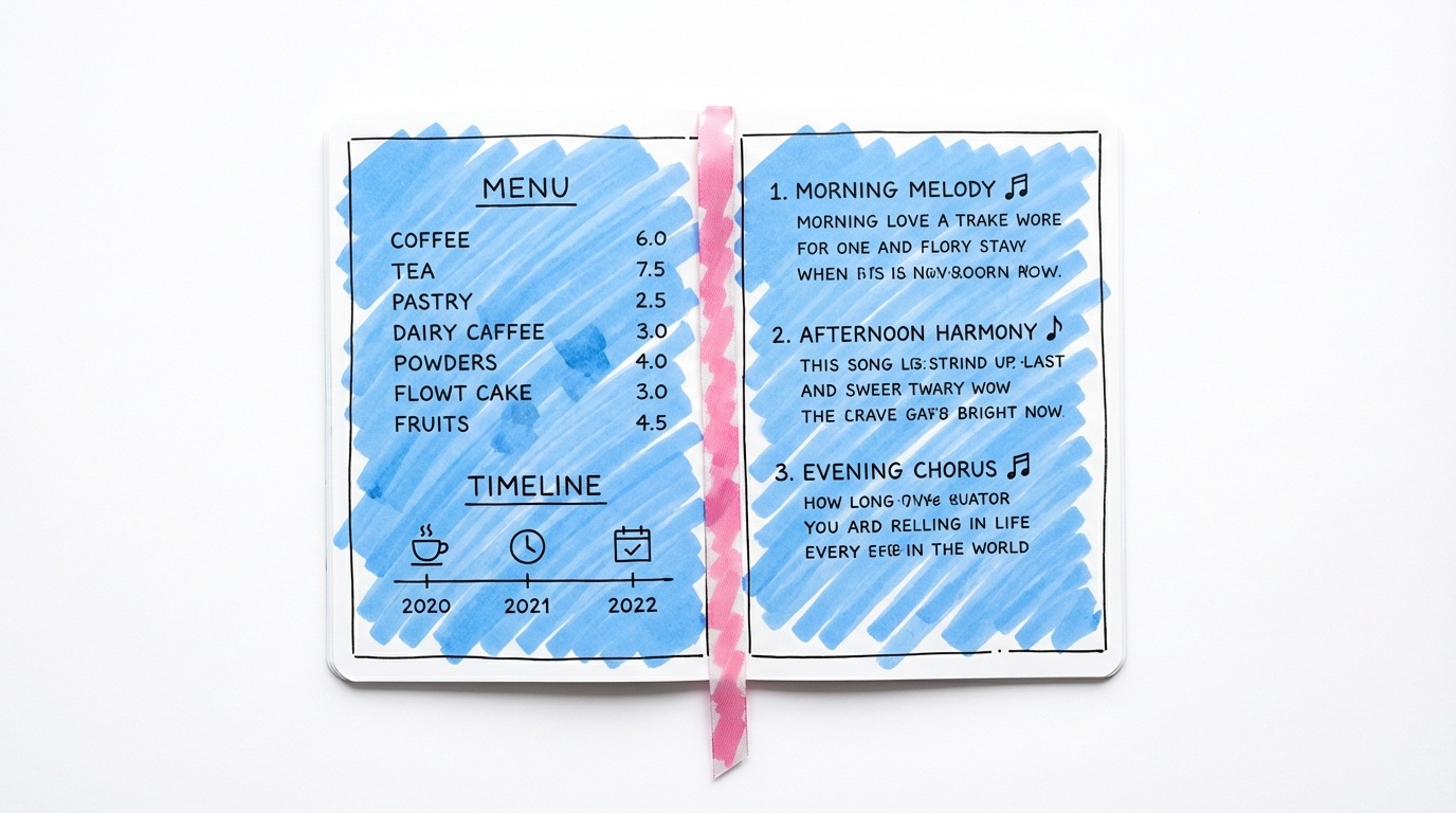 Ett kombinerat bröllopshäfte med bokmärke som delar främre delen (meny/tidplan) från bakre delen (sånger)