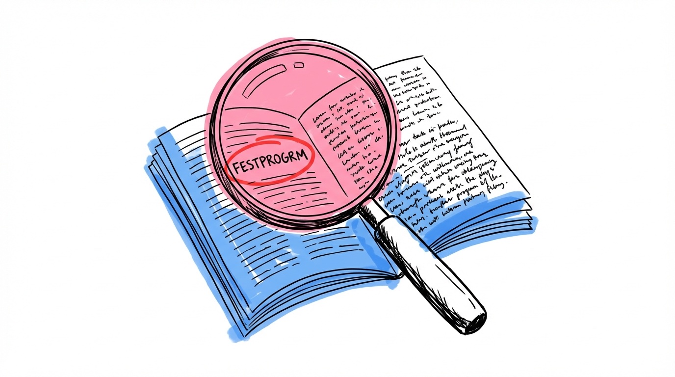 Ett festprogram med synliga problem — röd cirkel runt ett stavfel, otänjbart liten text och sidor överfulla med innehåll