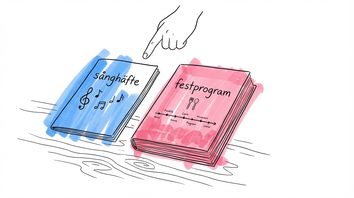 Två bröllopshäften sida vid sida på ett träbord — ett tunnare sånghäfte och ett tjockare festprogram med meny och tidplan synligt