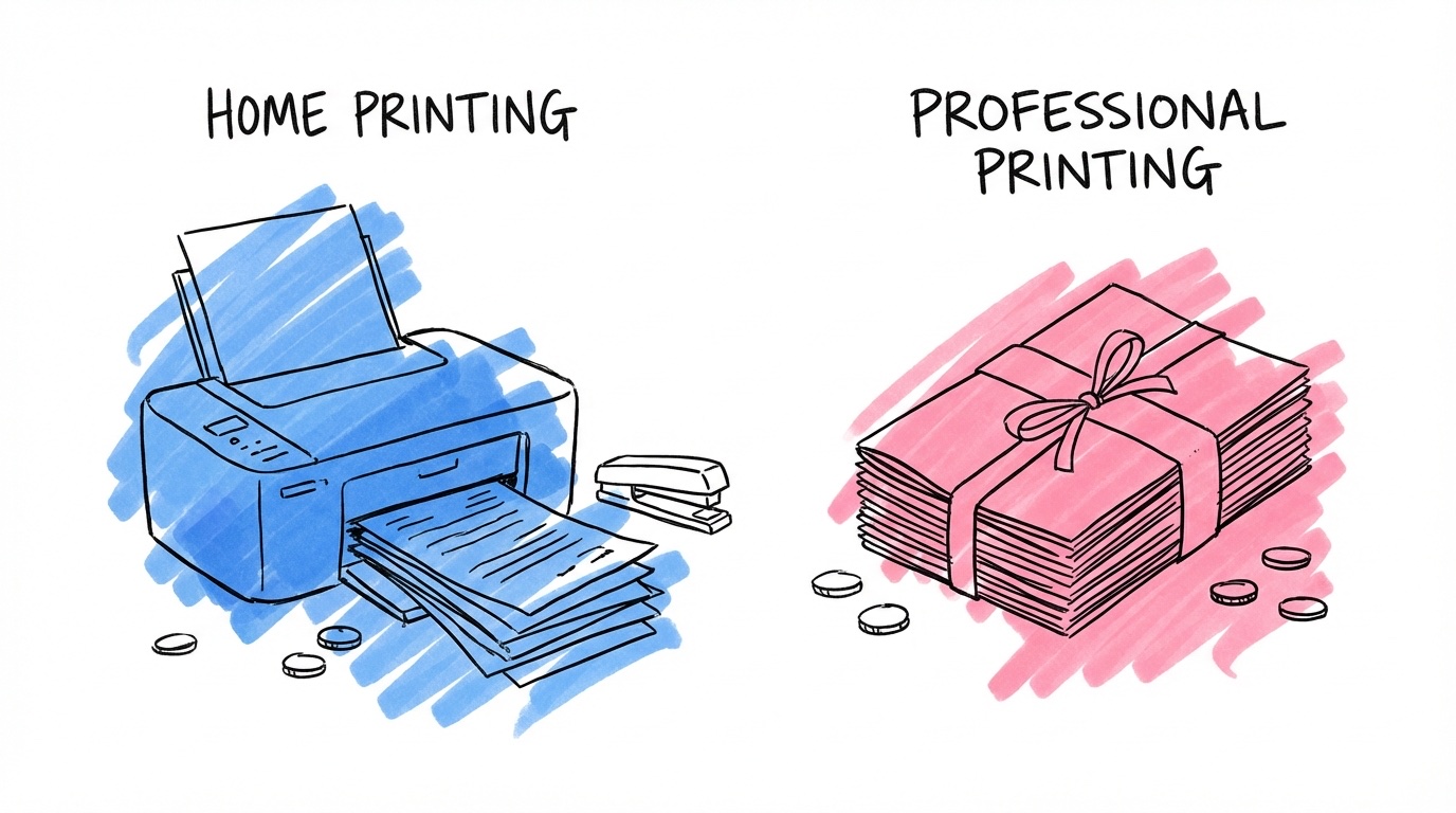 Delad scen — på ena sidan en hemskrivare med papper och häftapparat, på andra sidan en prydlig bunt professionellt tryckta bröllopshäften