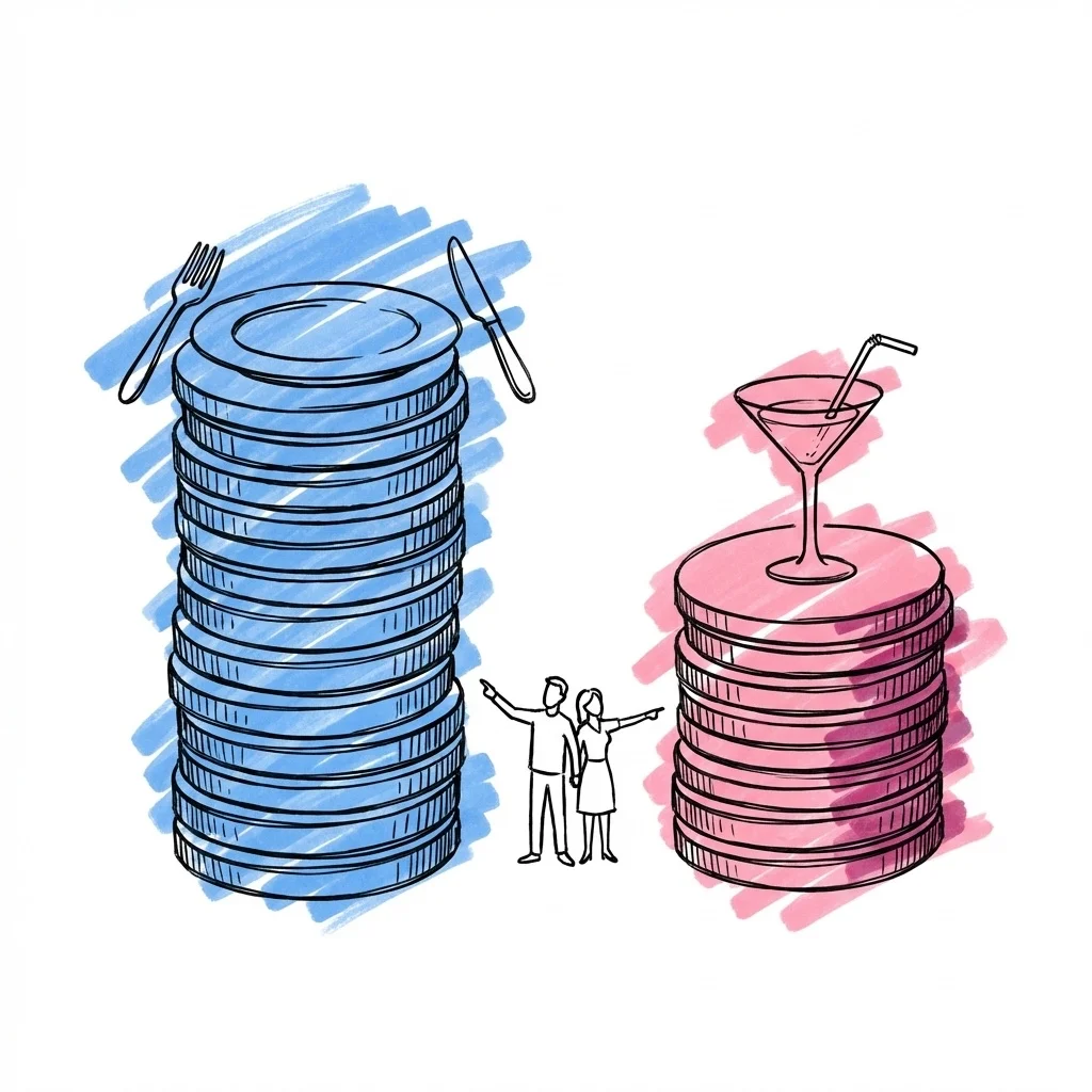 Två staplar med mynt sida vid sida — en hög stapel med en formell kuvertbild, en kort stapel med ett cocktailglas, ett par pekar på skillnaden, i Lovios rosa och blå illustrationsstil