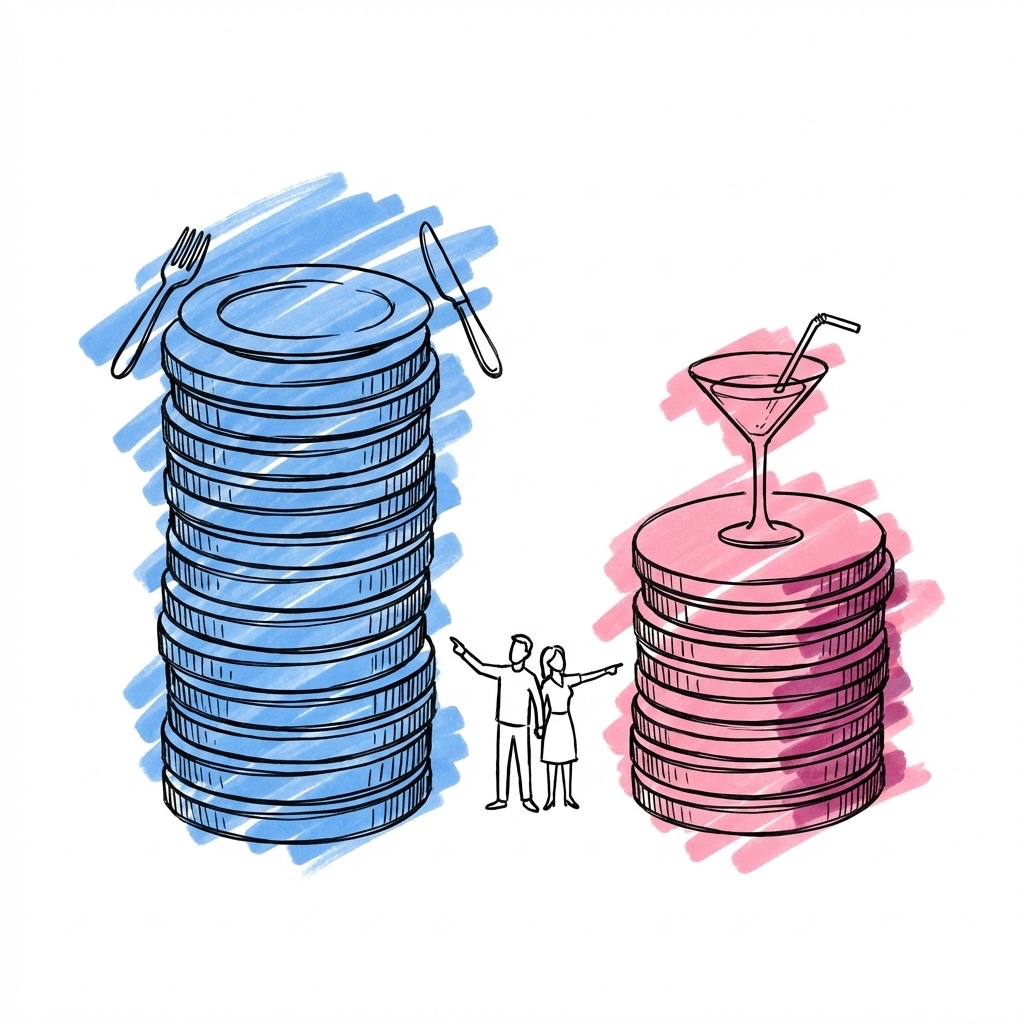 Två staplar med mynt sida vid sida — en hög stapel med en formell kuvertbild, en kort stapel med ett cocktailglas, ett par pekar på skillnaden, i Lovios rosa och blå illustrationsstil