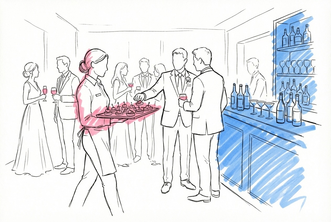 Servitör med bricka av canapéer bland välklädda gäster, en bardisk med flaskor och glas synlig till sidan, i Lovios rosa och blå illustrationsstil