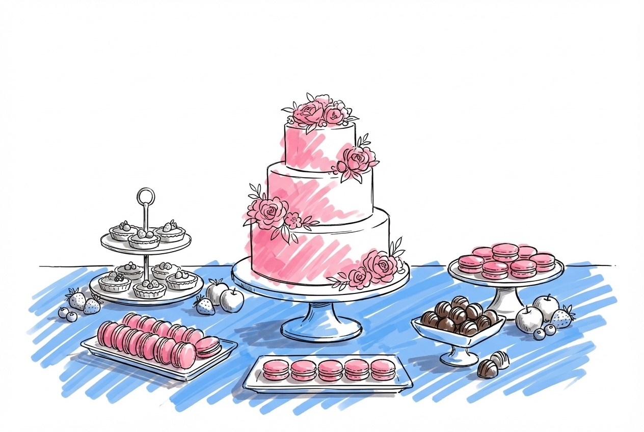 Rikt dessertbord med en flerväningsbröllöpstårta som centrum, omgivet av brickor med macarons, små pajer, chokladtryffel och färsk frukt, i Lovios rosa och blå illustrationsstil