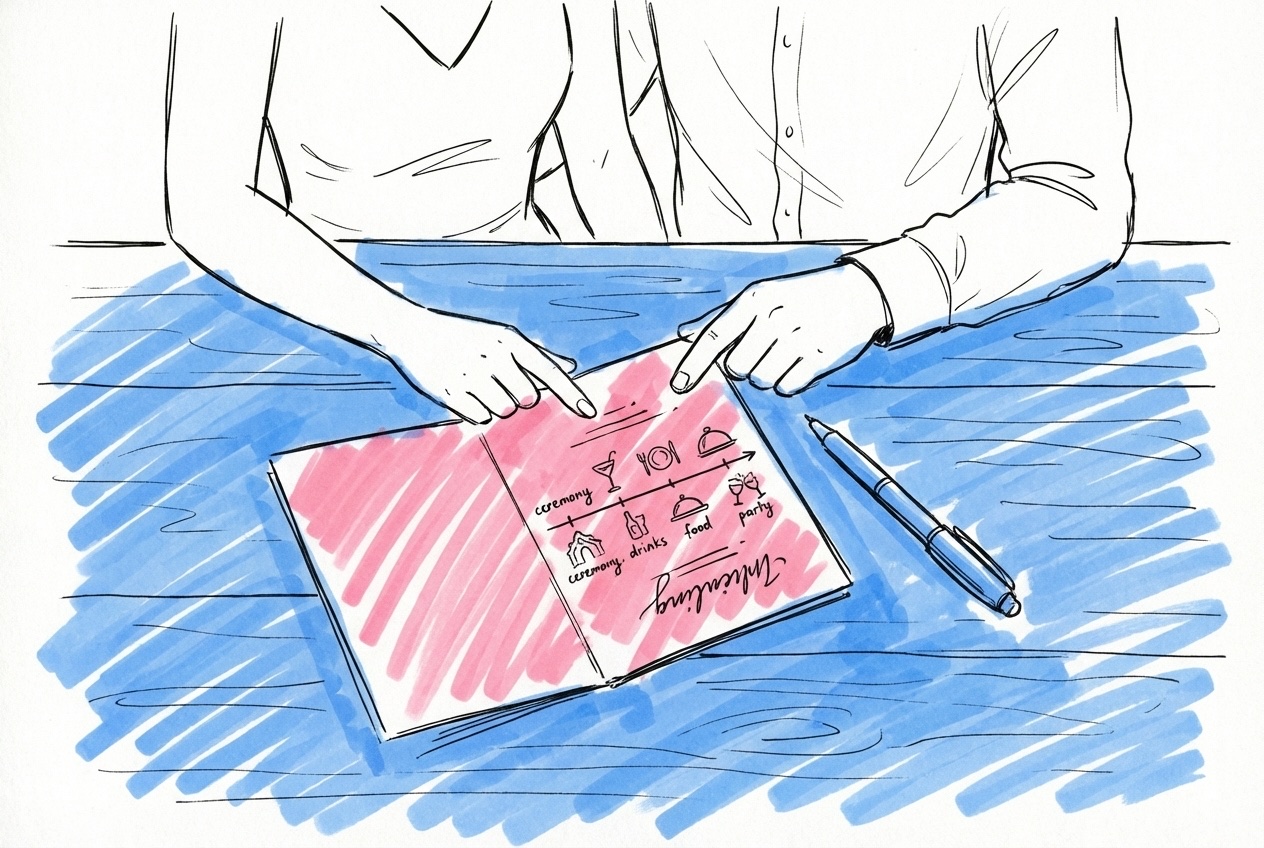 En bröllopsinbjudan som ligger öppen på ett skrivbord med synliga textrader och en tidslinjebild, en penna bredvid, ett par granskar formuleringen tillsammans, i Lovios rosa och blå illustrationsstil