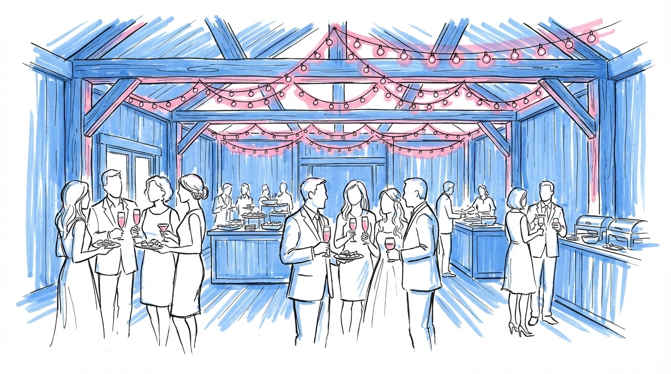 Livlig bröllopsmingel med gäster som står och umgås med små tallrikar och glas, food stations i bakgrunden och ljusslingor ovan, i Lovios rosa och blå illustrationsstil