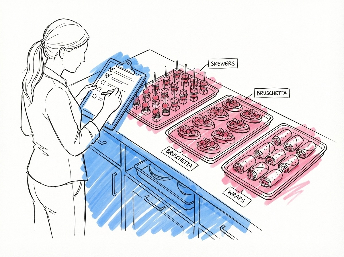Köksförberedelse med en person som skriver en checklista på ett skrivblock bredvid brickor med fingermat, små etiketter med allergeninfo bredvid rätterna, i Lovios rosa och blå illustrationsstil