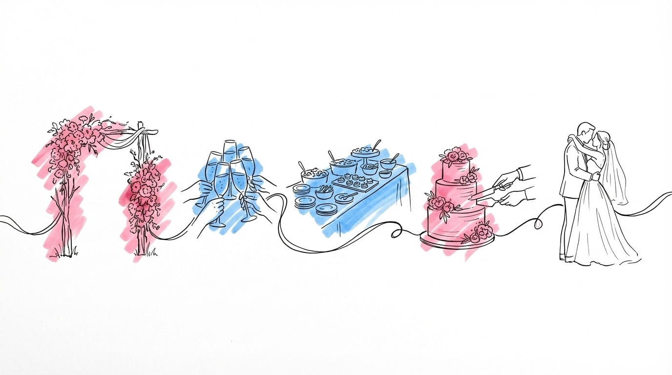 Horisontell tidslinje som flödar vänster till höger med små vinjetter vid varje punkt: en vigselportik, ett champagnetoast, en food station, en tårta som skärs och ett par som dansar, i Lovios rosa och blå illustrationsstil