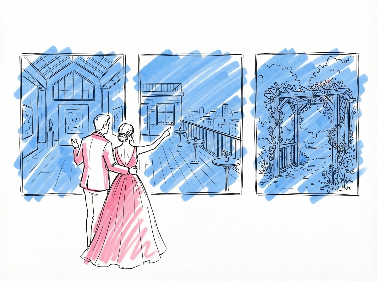 Ett par som står tillsammans och tittar på tre olika lokalalternativ — ett galleri, en takterrass och en trädgård, i Lovios rosa och blå illustrationsstil