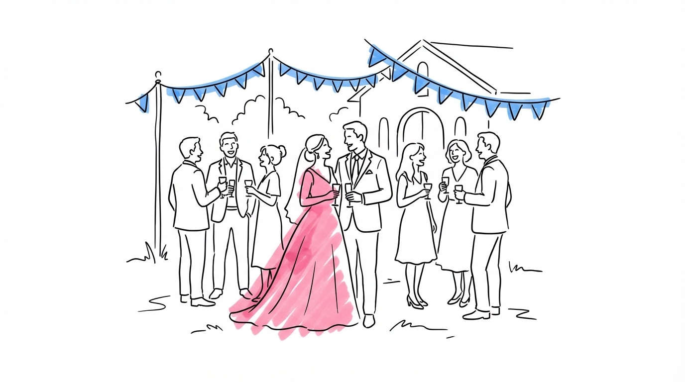 Brudpar som minglar med glada gäster under cocktailtimmen