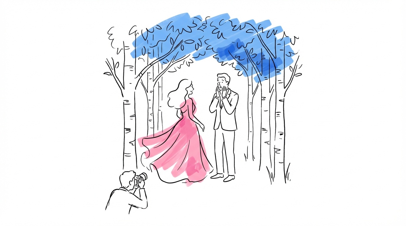 Par som möts för first look i en lummig trädgård — fotografen fångar ögonblicket på avstånd