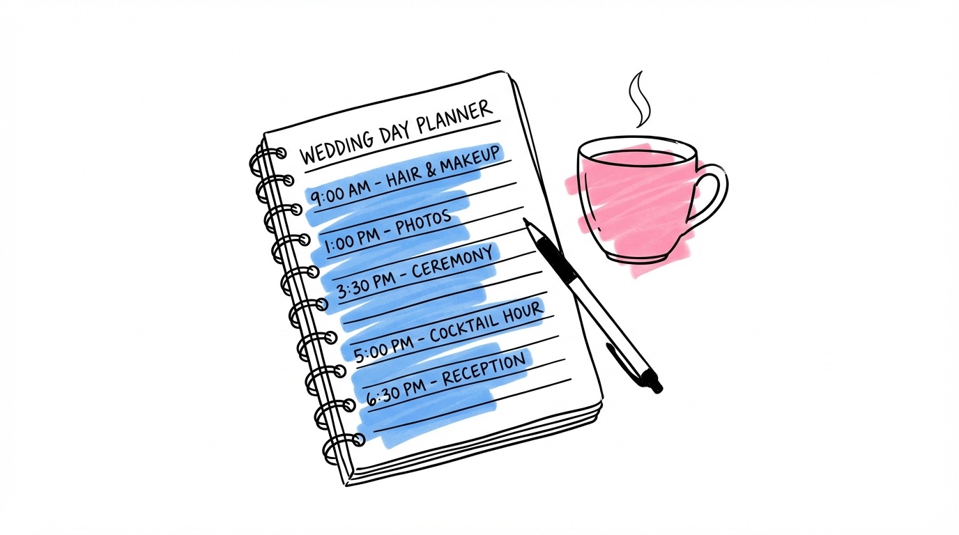 Dagsplanerare med tidblock för first look, porträtt och vigsel