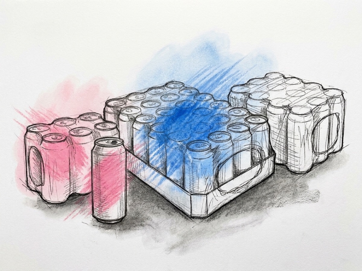Ett flak med 24 ölburkar bredvid ett 6-pack och ett 12-pack, ritat i Lovios rosa och blå skissstil