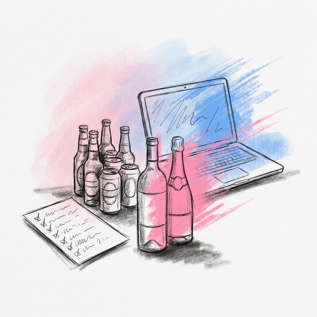 En inköpslista med bockar bredvid flak med öl, en vinflaska och en bubbelflaska framför en laptop, ritat i Lovios rosa och blå skissstil