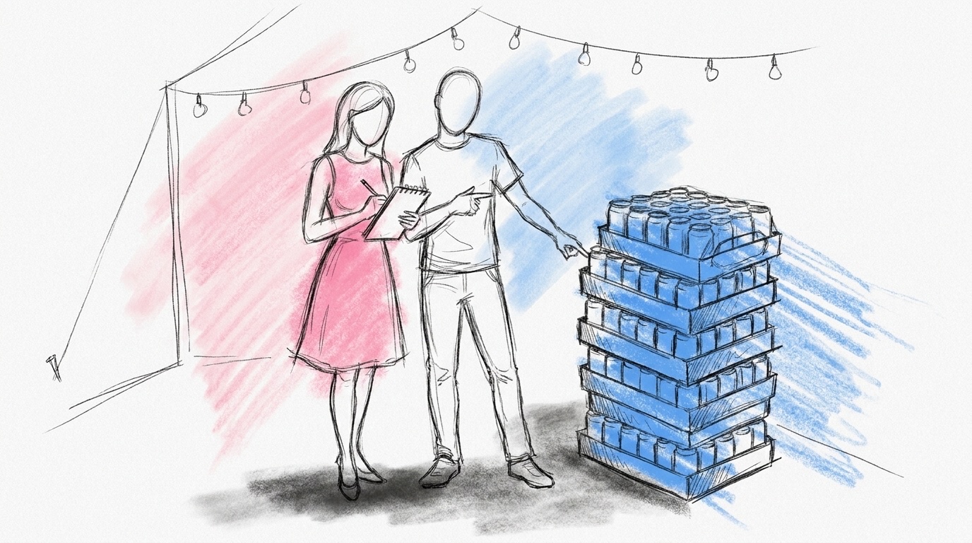 Ett par räknar med penna och block bredvid en stapel flak med ölburkar inför bröllopet, ritat i Lovios rosa och blå skissstil