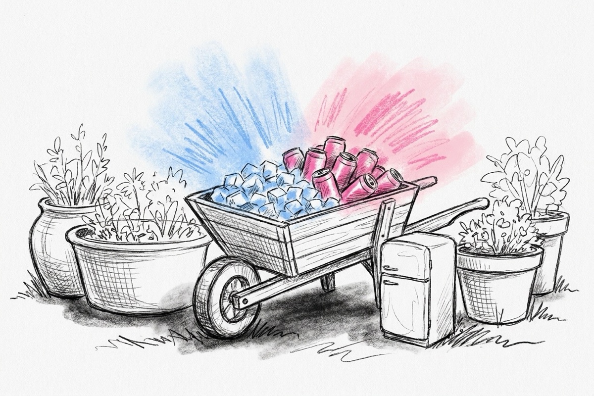 Stora baljor och en skottkärra fyllda med is och ölburkar bredvid en liten kyl, ritat i Lovios rosa och blå skissstil