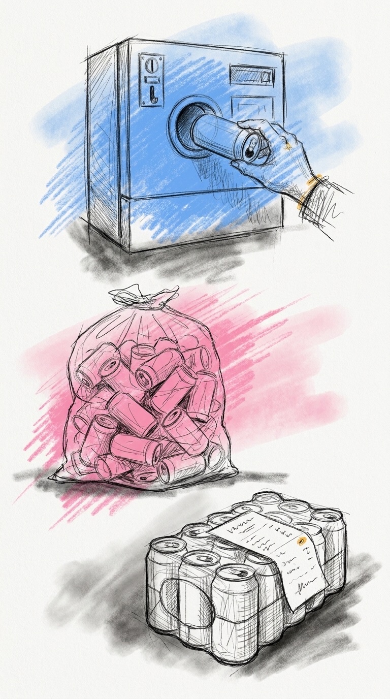 En hand lägger en tom burk i en pantmaskin ovanför en säck med burkar och ett oöppnat flak med kvitto, ritat i Lovios rosa och blå skissstil