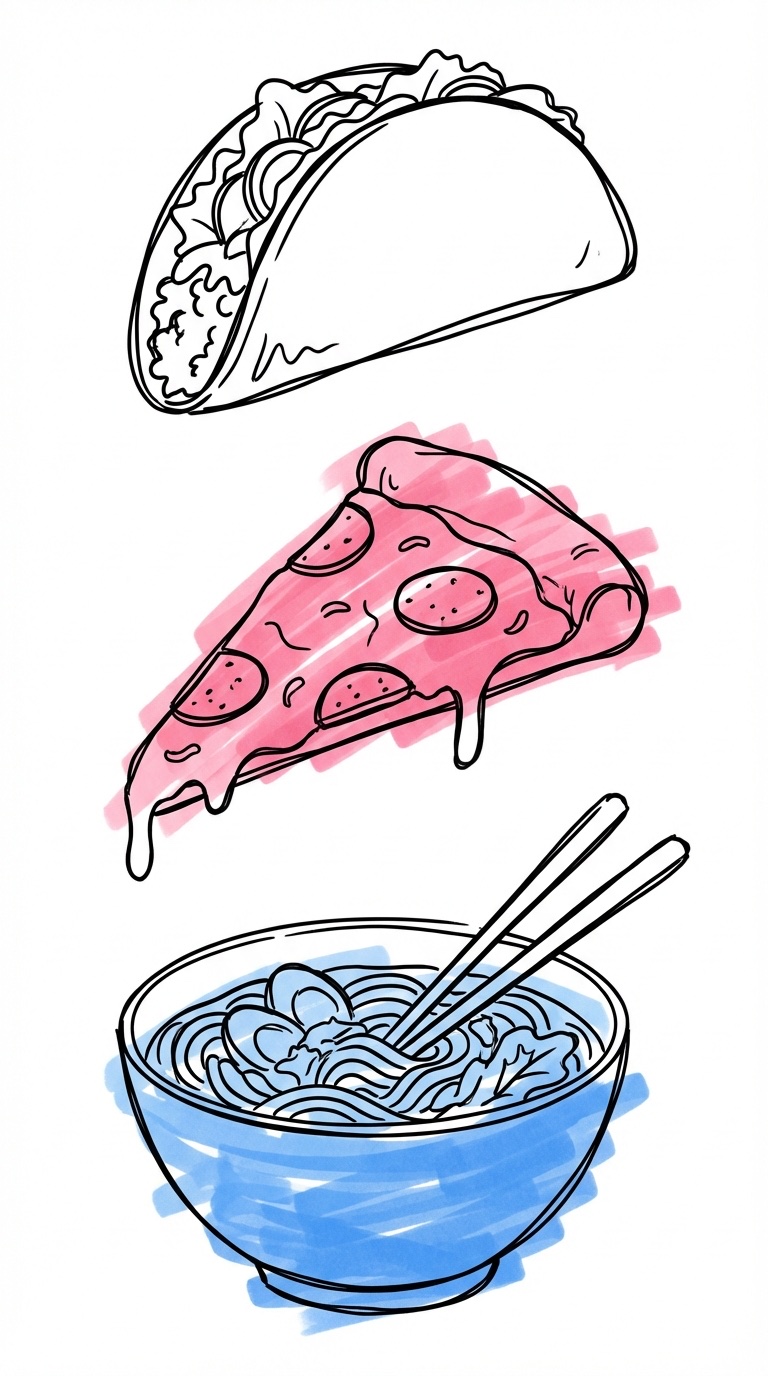 Tre maträtter staplade vertikalt — en taco, en pizzaslice och en skål nudlar i Lovios rosa och blå illustrationsstil