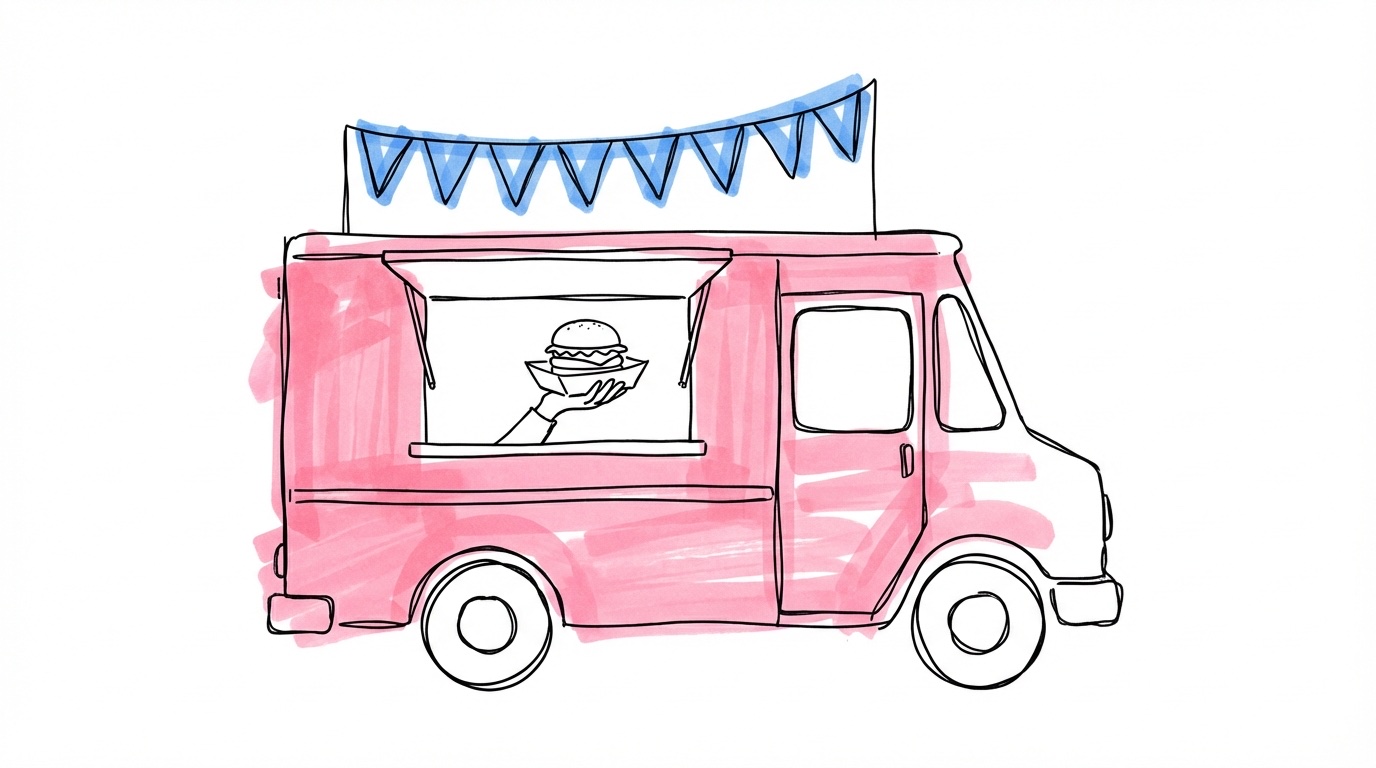 En foodtruck med serveringslucka, en taco i en pappersbåt och festliga vimplar över i Lovios rosa och blå illustrationsstil