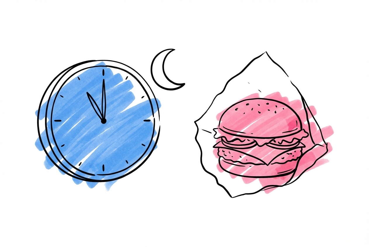 En klocka som visar sen kvällstid bredvid en burgare i pappersomslag och en månsymbol i Lovios rosa och blå illustrationsstil