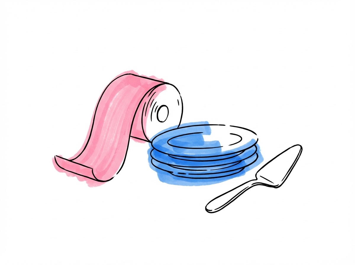 En kvittorulle bredvid en trave tallrikar och en serveringsspade i Lovios rosa och blå illustrationsstil