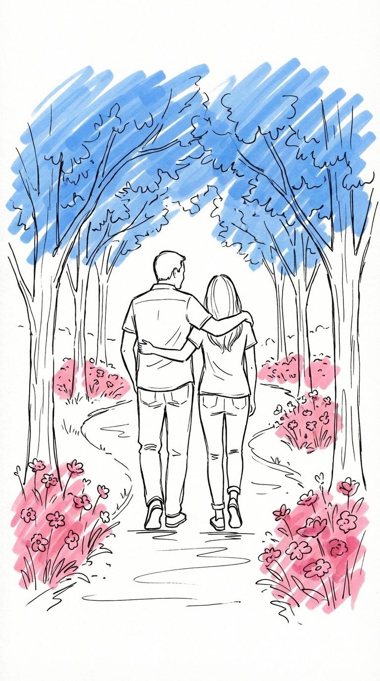 Förälder och vuxet barn som promenerar i en trädgård, sedda bakifrån med armen runt axeln, i Lovios rosa och blå illustrationsstil