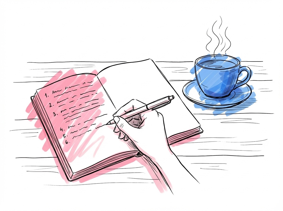 Hand som skriver numrerade punkter i en anteckningsbok bredvid en kaffekopp på ett köksbord, i Lovios rosa och blå illustrationsstil