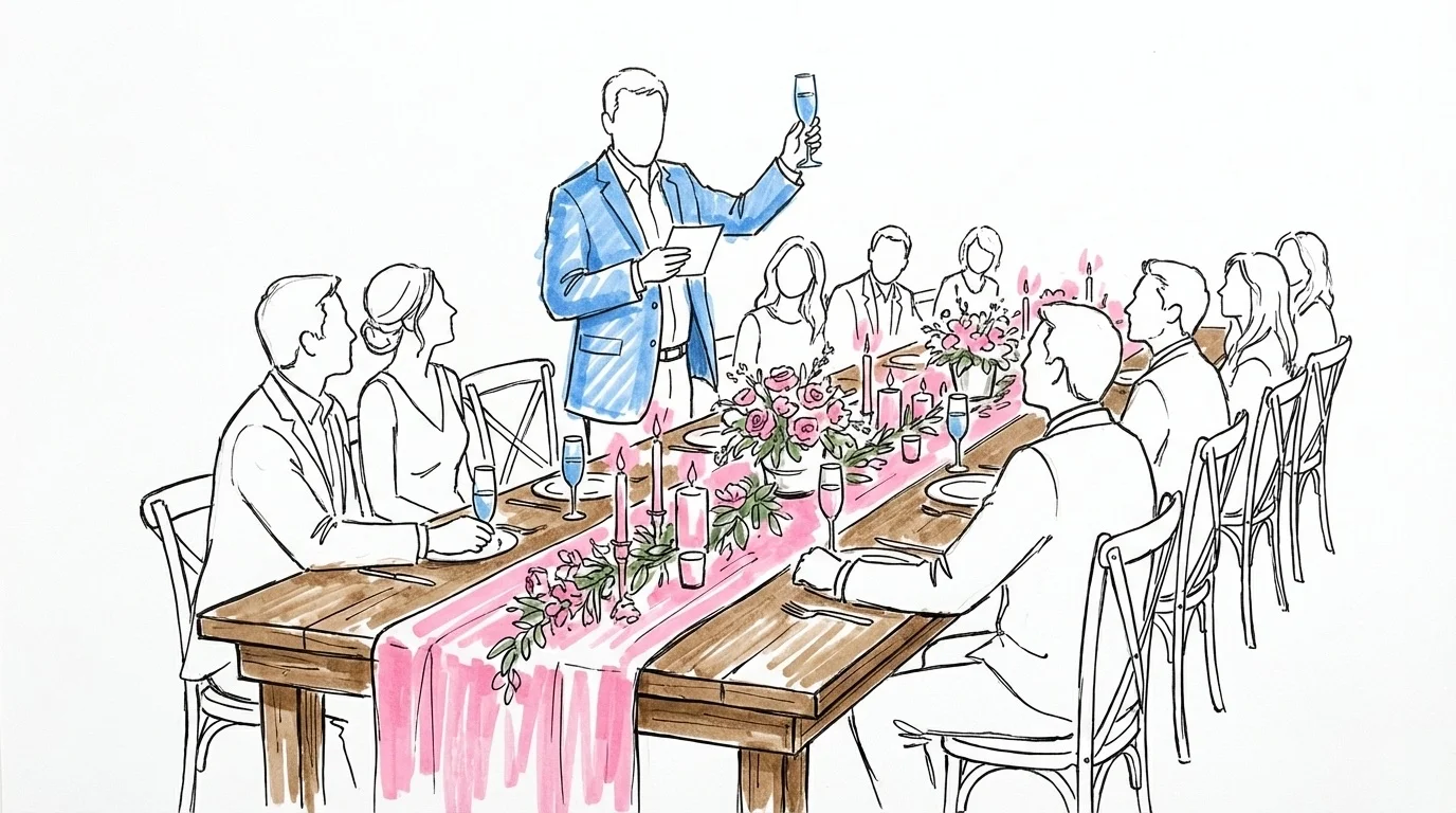 Förälder som står vid ett festligt dukat långbord och håller tal med ett papper i ena handen och ett höjt glas i den andra, i Lovios rosa och blå illustrationsstil