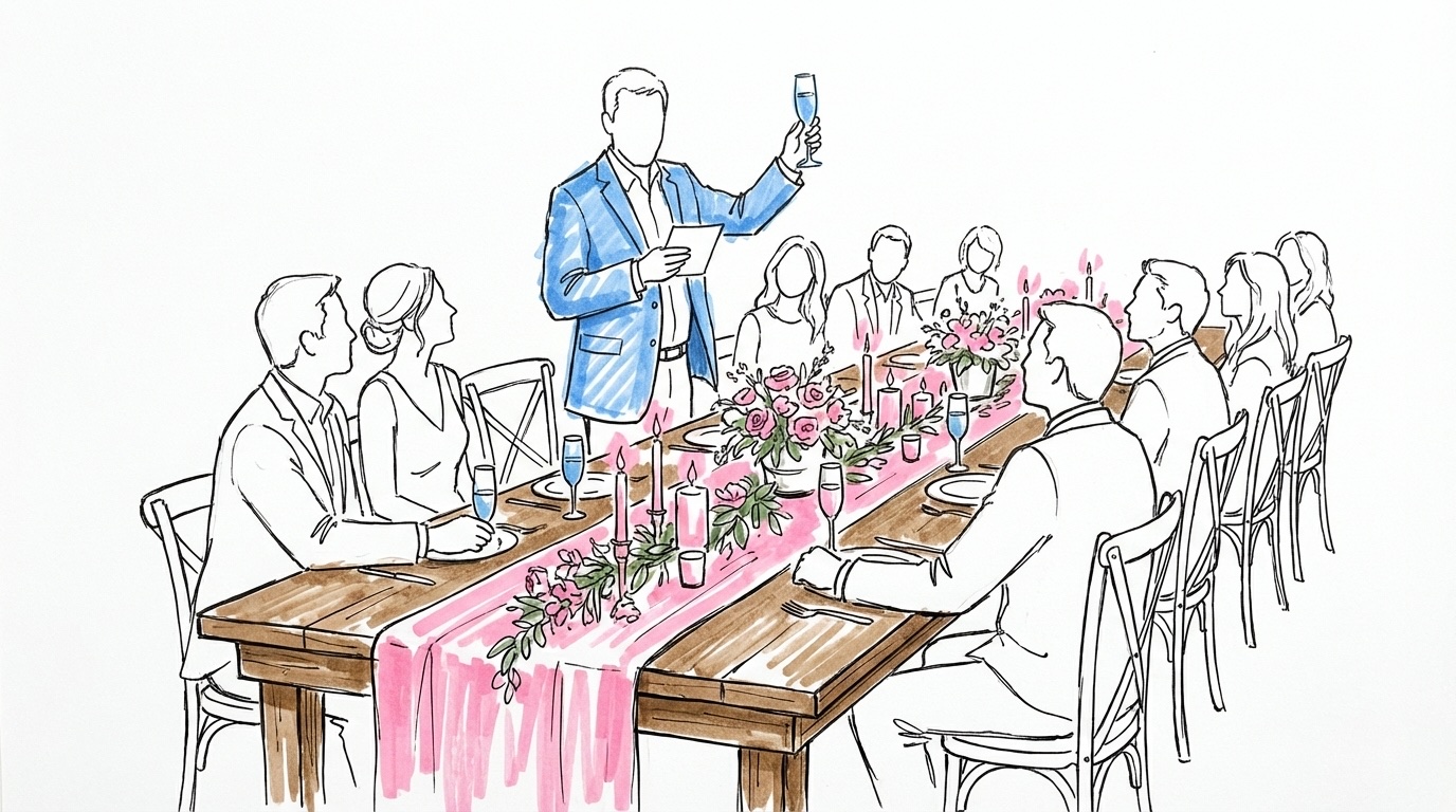 Förälder som står vid ett festligt dukat långbord och håller tal med ett papper i ena handen och ett höjt glas i den andra, i Lovios rosa och blå illustrationsstil