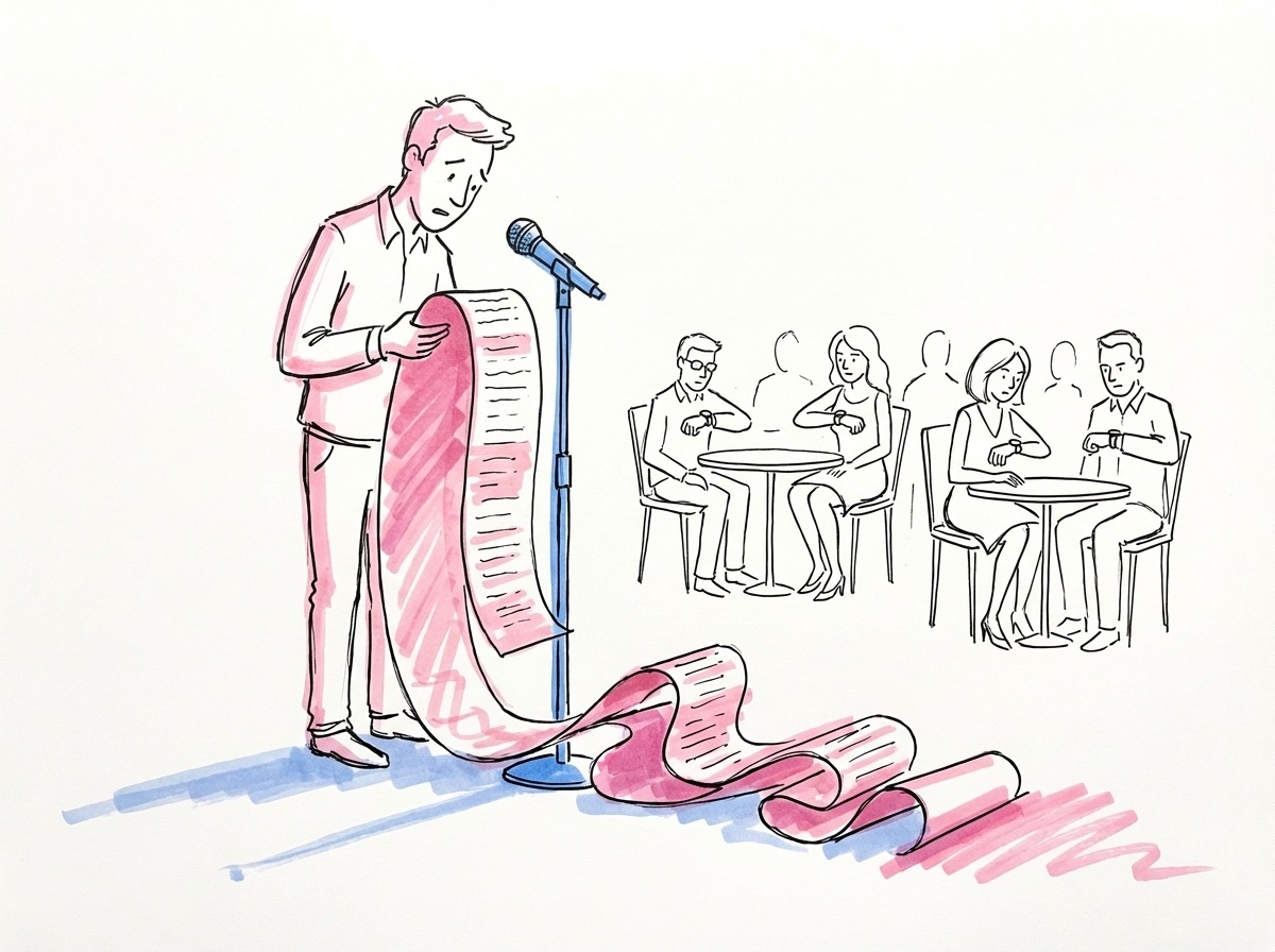 Person vid en mikrofonställning som tittar ner på en lång rulle papper som sträcker sig ner på golvet, i Lovios rosa och blå illustrationsstil