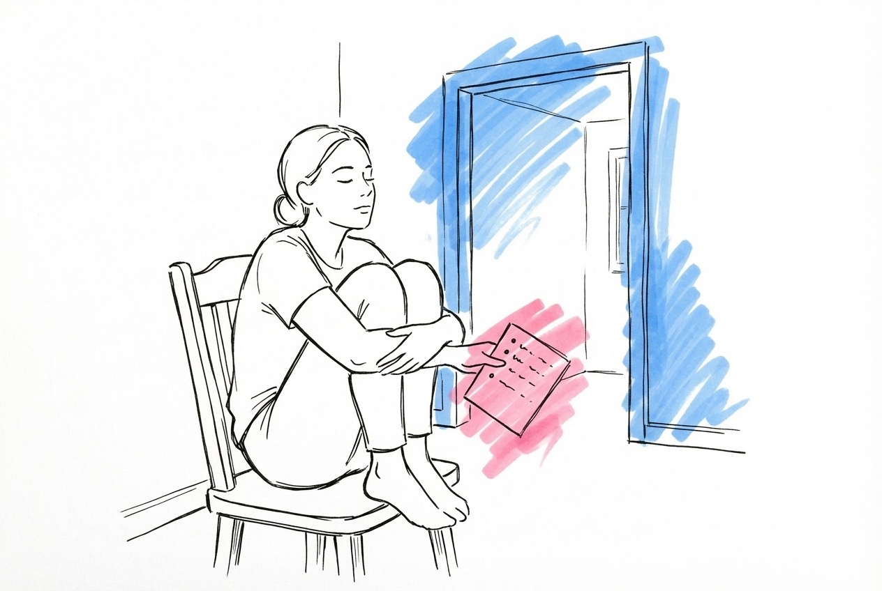 Person som sitter i ett lugnt hörn med slutna ögon och tar ett djupt andetag, med ett talkort i handen, i Lovios rosa och blå illustrationsstil