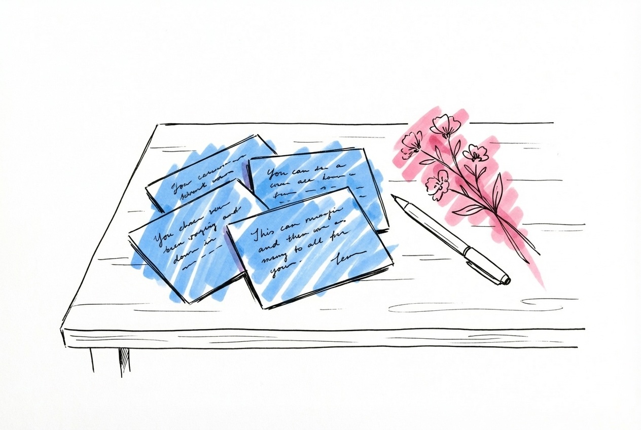 Fyra talkort med handskriven text utfläktade på ett bord bredvid en penna och en blomkvist, i Lovios rosa och blå illustrationsstil