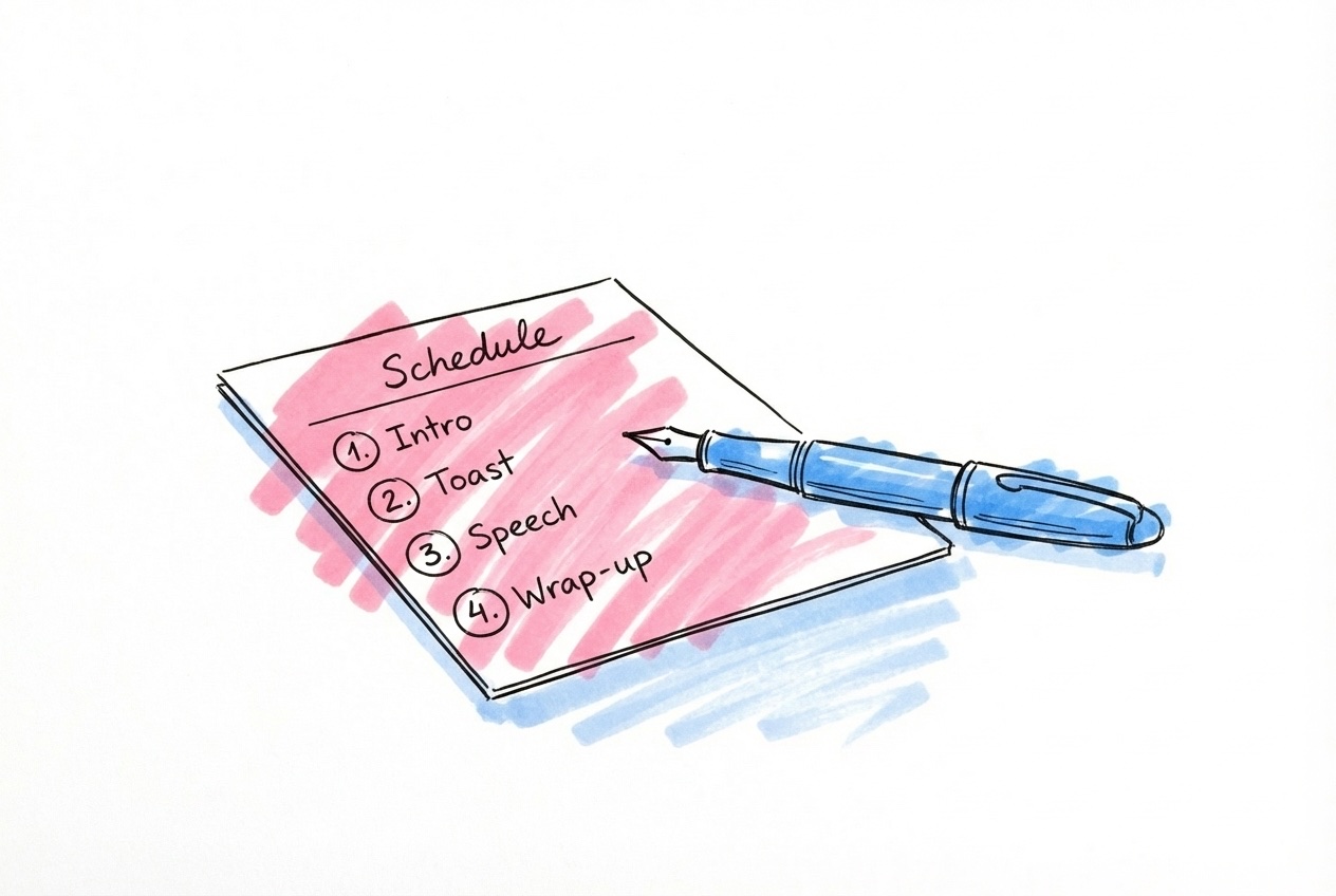 Tidslinje med talordning vid ett svenskt bröllop — välkomsttal, föräldratal och väntal i ordning, i Lovios rosa och blå illustrationsstil