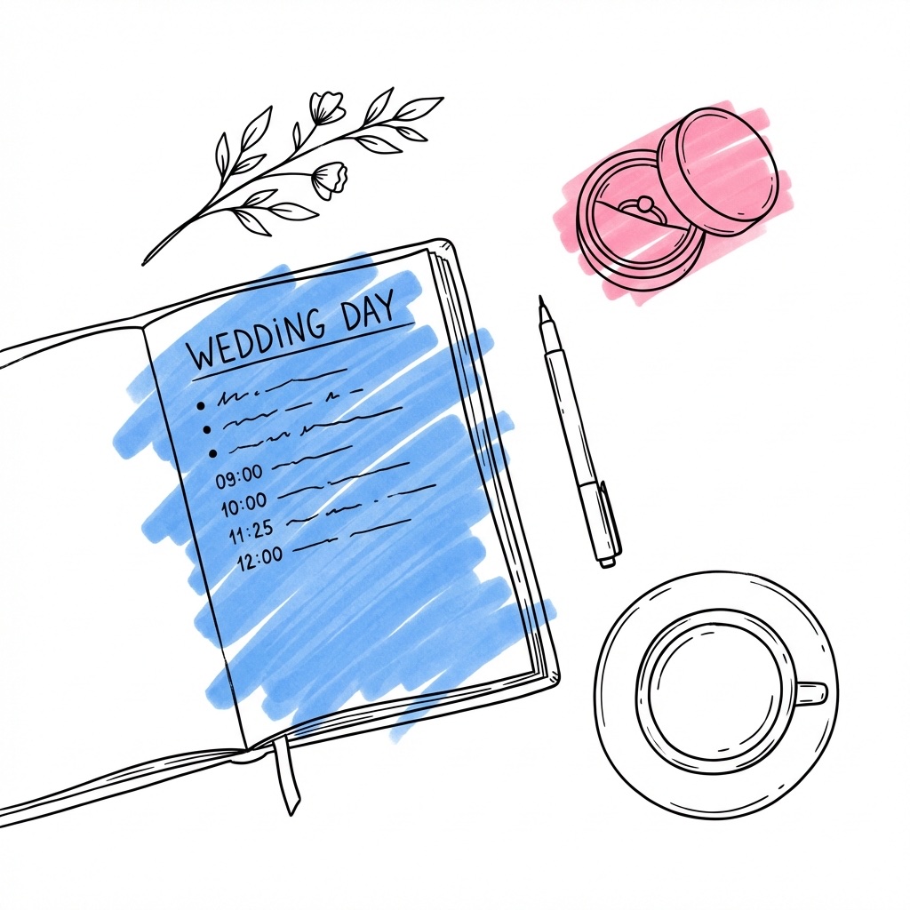 Illustration av organiserad flatlay med bröllopsplanerare, penna, ringask, blomkvist och kaffekopp