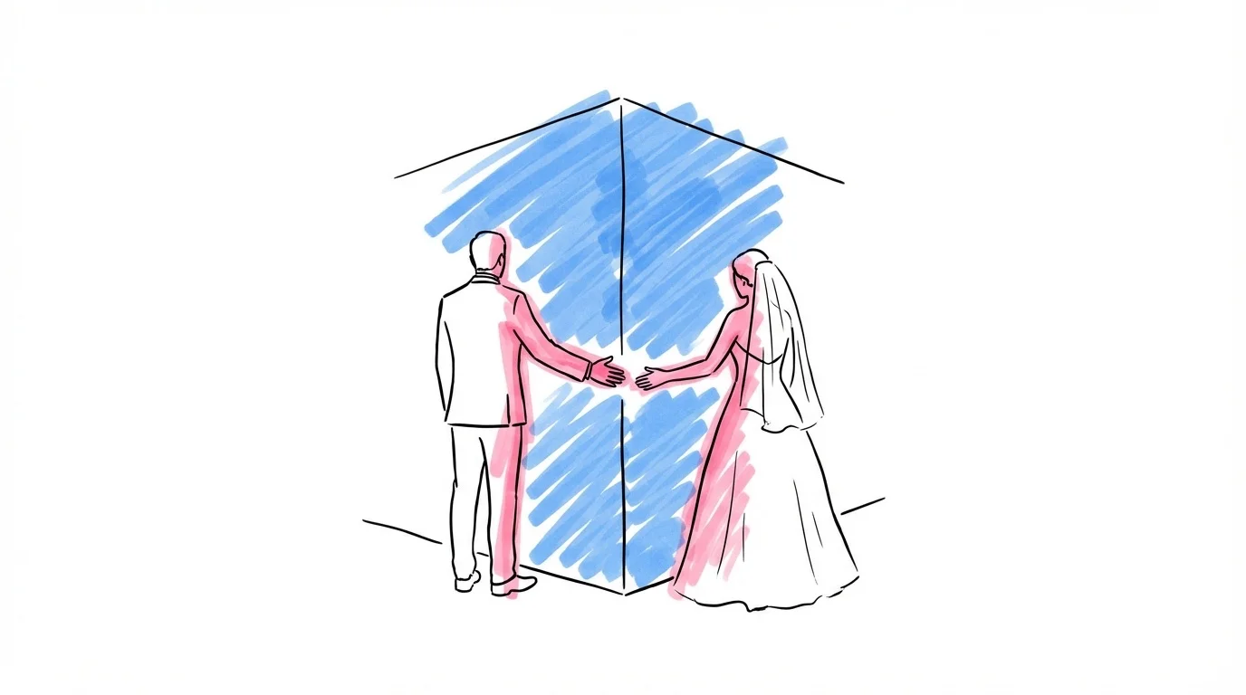 Illustration av par som står runt ett hörn av en byggnad, händer som sträcker sig mot varandra i väntan
