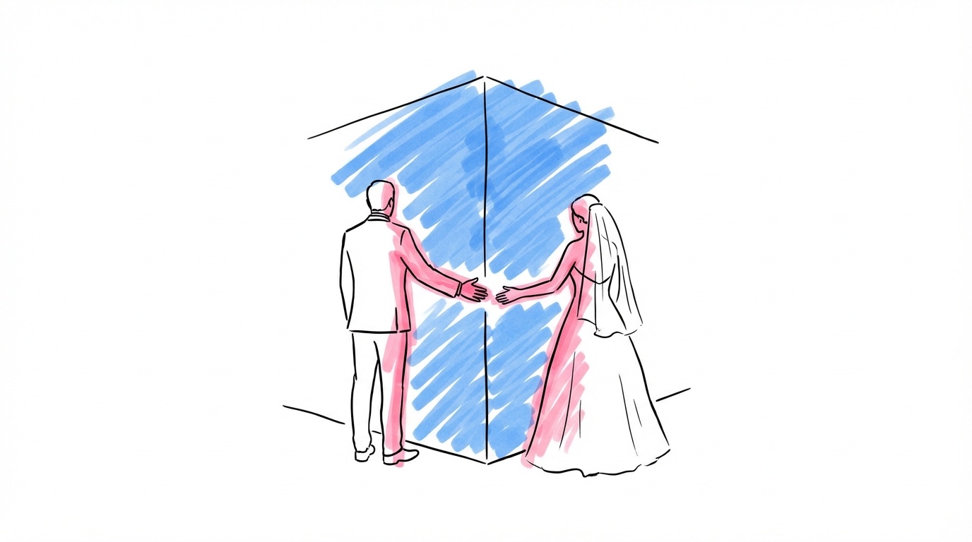 Illustration av par som står runt ett hörn av en byggnad, händer som sträcker sig mot varandra i väntan