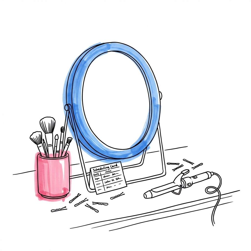 Illustration av sminkbord med spegel, makeupborstar, locktång och hårnålar