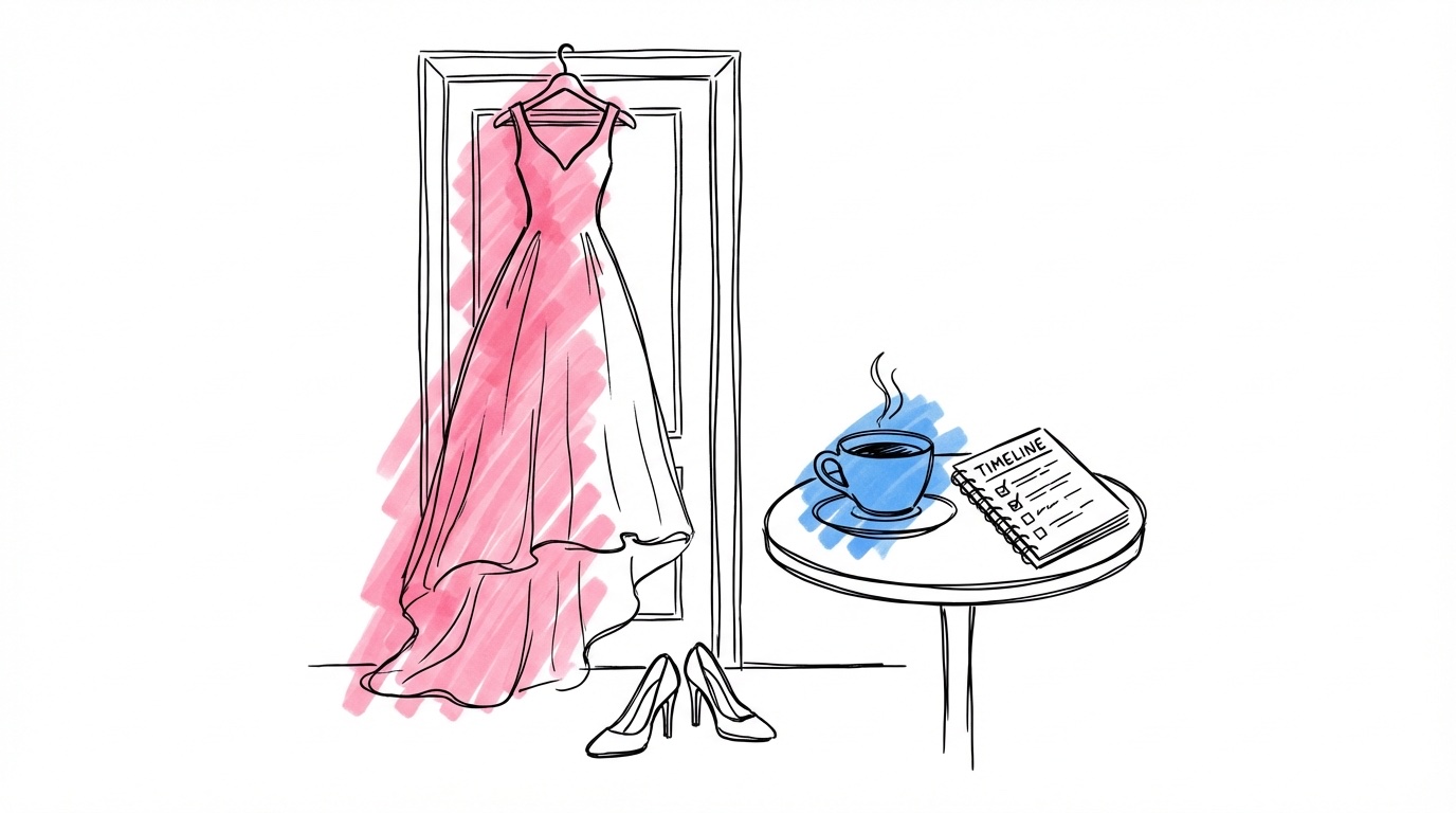 Illustration av bröllopsförberedelser med klänning, skor, kaffekopp och planeringsbok i morgonljus