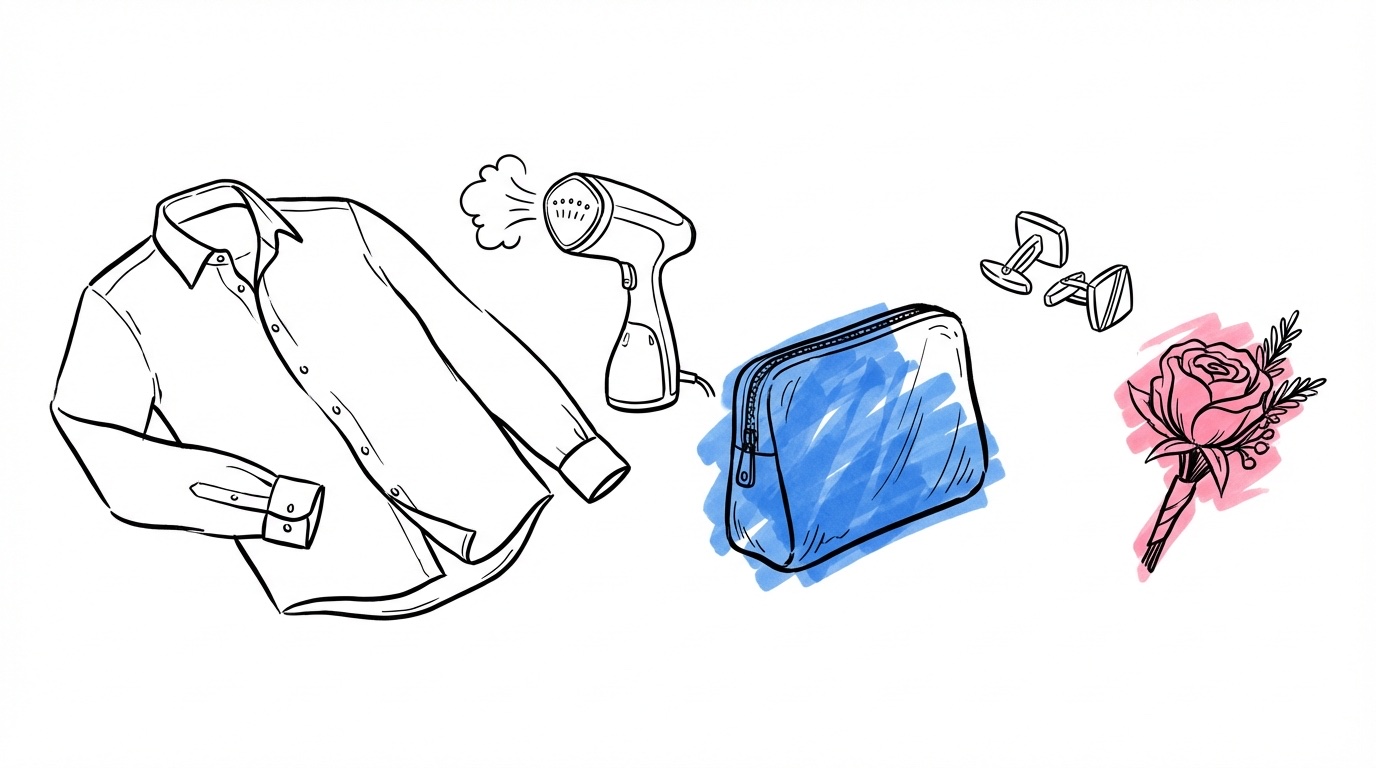 Illustration av bröllopsförberedelser utlagda på säng: knäppbar skjorta, ångstrykare, nödlåda, manschettknappar och blomma