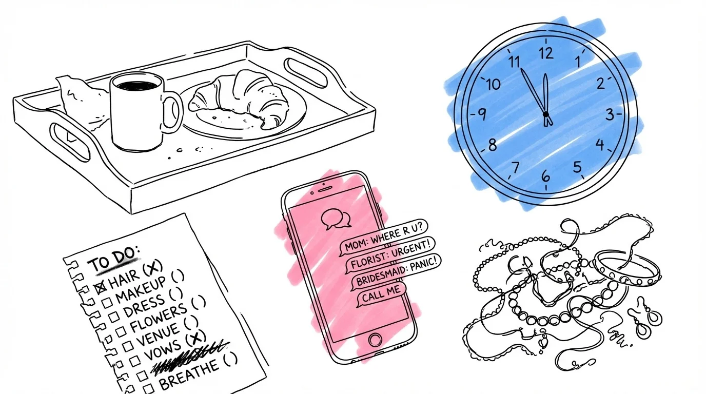 Illustration av kaotisk bröllopsmorgon med orörd frukostbricka, klocka, trassliga smycken och telefon som vibrerar